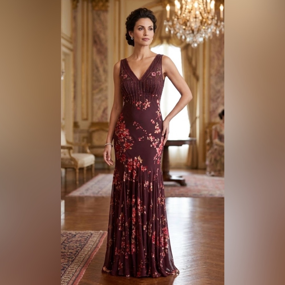Nina Austin Elegant Burgundy Floral V-Neck Maxi Dress beaded size L
